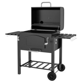   Faszéngrill BBQ-Grill és smoker egyben, állítható faszénrekesszel oldalsó polcokkal 124x66x112 cm fekete