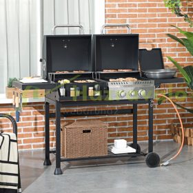   Gázgrill és faszenes grill BBQ grill kocsi 161x53x101 cm 3 égővel, hőmérővel és melegítőtálcákkal