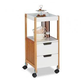   Zsúrkocsi modern kialakítású gurulós kiskocsi 2 fiókkal fehér-fa színben