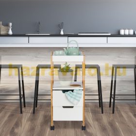   Zsúrkocsi modern kialakítású gurulós kiskocsi 2 fiókkal fehér-fa színben