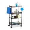 Narrow trolley on wheels with 2 shelves and 2 baskets in black