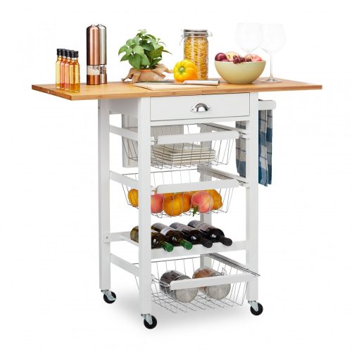 Kitchen trolley, rolling kitchen trolley with foldable bamboo worktop, drawer and removable basket