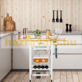   Zsúrkocsi, gurulós konyhai kocsi összecsukható bambusz munkalappal, fiókkal és kivehető kosárral