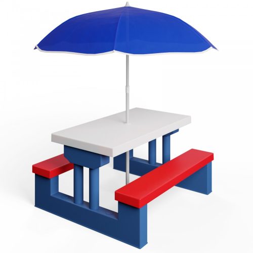 Children's plastic garden bench and table with parasol in blue, white and red