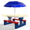 Children's plastic garden bench and table with parasol in blue, white and red