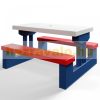 Children's plastic garden bench and table with parasol in blue, white and red