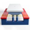 Children's plastic garden bench and table with parasol in blue, white and red