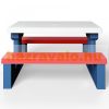 Children's plastic garden bench and table with parasol in blue, white and red
