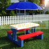 Children's plastic garden bench and table with parasol in blue, white and red