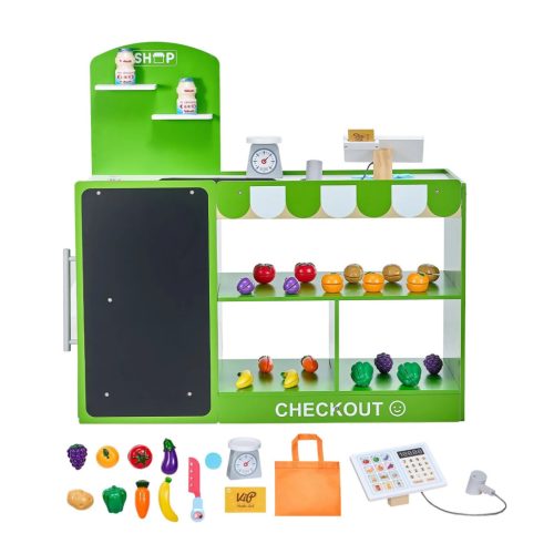 Gyerek játékbolt fa kivitelben 35 részes szupermarket játékszett pénztárral
