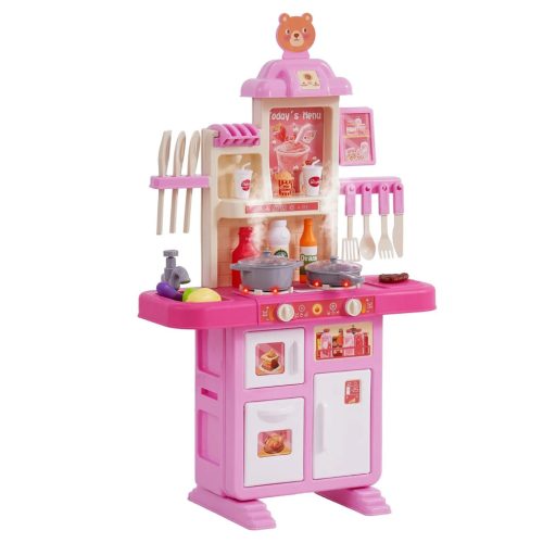 Gyerek játékkonyha rózsaszín műanyag konyha gőz funkcióval, fénnyel és hanggal, 48 kiegészítővel