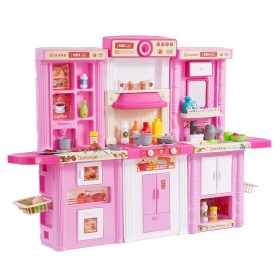   Gyerek játékkonyha 3 az 1-ben rózsaszín konyha gőz funkcióval, fénnyel és hanggal, 74 kiegészítővel