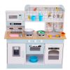 Gyerek játékkonyha fehér fa konyha fénnyel és hanggal, 24 kiegészítővel 3-8 éves kortól