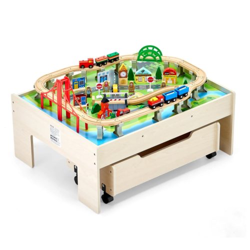Fa gyerek játékasztal vasút szettel 100 db 3 az 1-ben játszóasztal