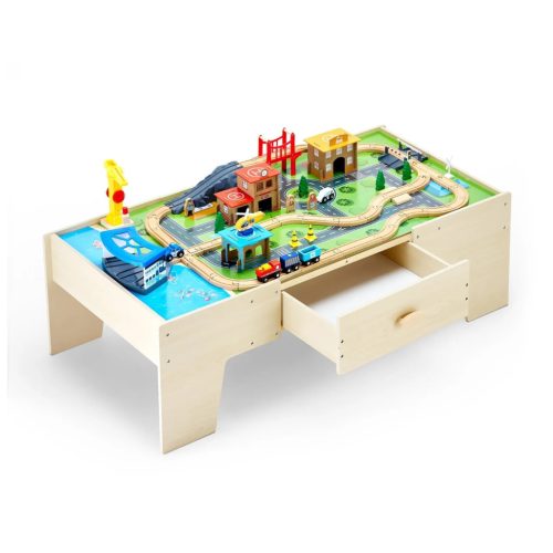 Fa gyerek játékasztal 62 darabos szett játszóasztal nagy fiókkal, 3 az 1-ben vonatkészlet kreatív játékkészlet 3 éves kortól 