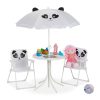 Children's table with foldable chairs and parasol with panda figure