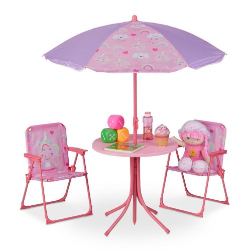 Children's table with folding chairs and parasol with a unicorn figure