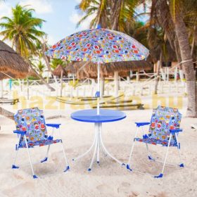   Gyerek asztal szétnyitható székekkel és napernyővel kék kerti bútor 3-5 éveseknek