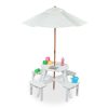 Round wooden children's seating set with parasol, white garden bench and picnic table
