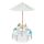 Round wooden children's seating set with parasol, white garden bench and picnic table