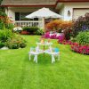 Round wooden children's seating set with parasol, white garden bench and picnic table