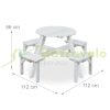 Round wooden children's seating set with parasol, white garden bench and picnic table