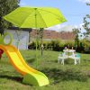 Round wooden children's seating set with parasol, white garden bench and picnic table