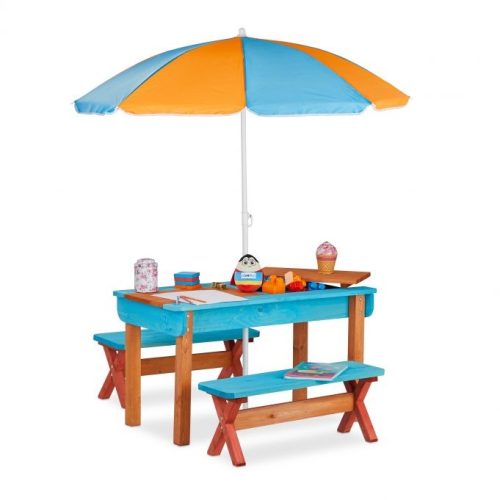 Children's wooden garden bench picnic table with parasol colorful