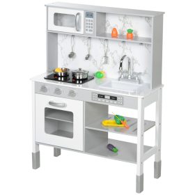 Játékkonyha állítható magasságú gyerek konyha 70x28x90/96 cm tűzhellyel, mikróval, sok kiegészítővel fehér