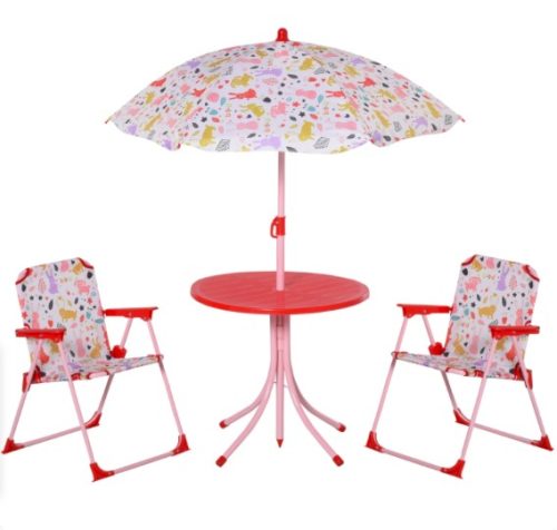 Children's table with folding chairs and parasol red-pink garden furniture for 3-5 year olds