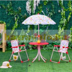   Gyerek asztal szétnyitható székekkel és napernyővel piros-rózsaszín kerti bútor 3-5 éveseknek