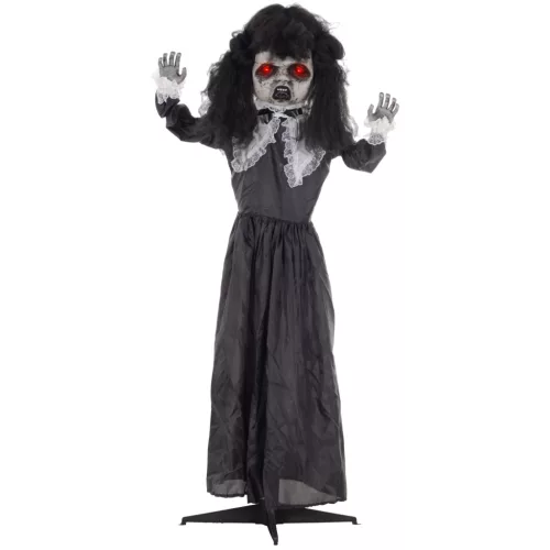 Animált horror baba halloween dekoráció 160 cm magas mozgó fejjel, vörös szemekkel és hanghatásokkal
