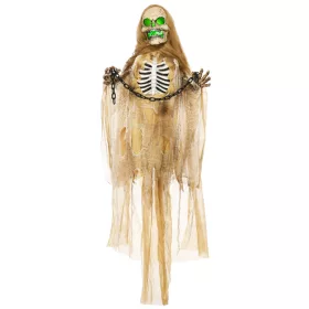   Animált függő csontváz halloween dekoráció 183 cm hosszú zölden világító fejjel és vörös mellkassal