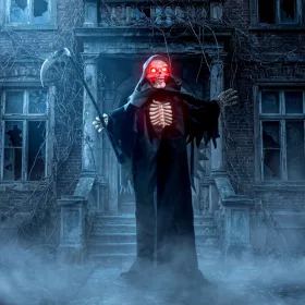   Animált kaszás halloween dekoráció 170 cm magas világító szemekkel, mozgással és hanghatásokkal