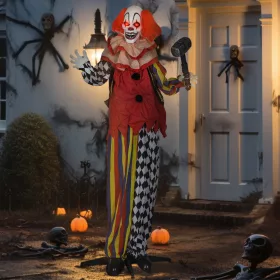   Animált kalapácsos bohóc halloween dekoráció 173 cm magas mozgó fejjel és karokkal, világító szemekkel