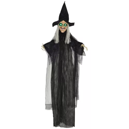 Animált boszorkány halloween dekoráció 183 cm magas forgó testtel, világítással és hanghatással