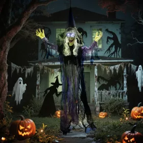   Függő animált boszorkány halloween dekoráció 183 cm magas mozgó szájjal, világító szemekkel és hanghatással
