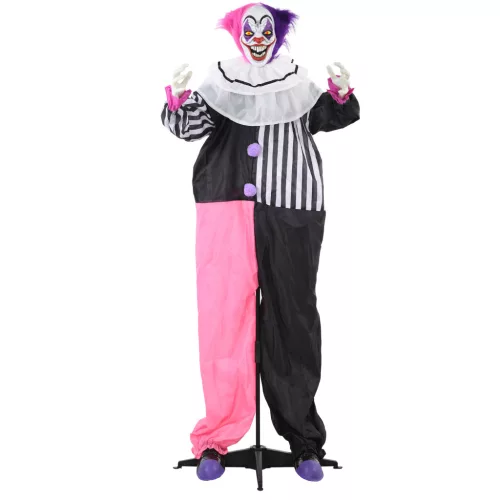 Animált horrorbohóc halloween dekoráció 173 cm magas mozgással, vörös szemekkel és nevetéssel