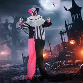   Animált horrorbohóc halloween dekoráció 173 cm magas mozgással, vörös szemekkel és nevetéssel