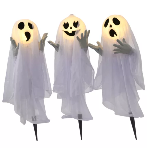 Világító három szellemes halloween dekoráció 60 cm magas melegfehér fénnyel
