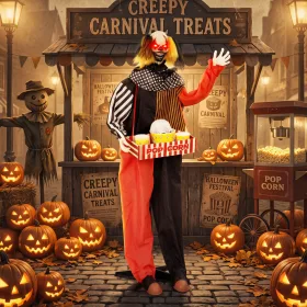   Animált popcornos bohóc halloween dekoráció felugró fejjel, világító szemekkel és hanghatásokkal, 180–195 cm