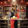 Animált popcornos bohóc halloween dekoráció felugró fejjel, világító szemekkel és hanghatásokkal, 180–195 cm