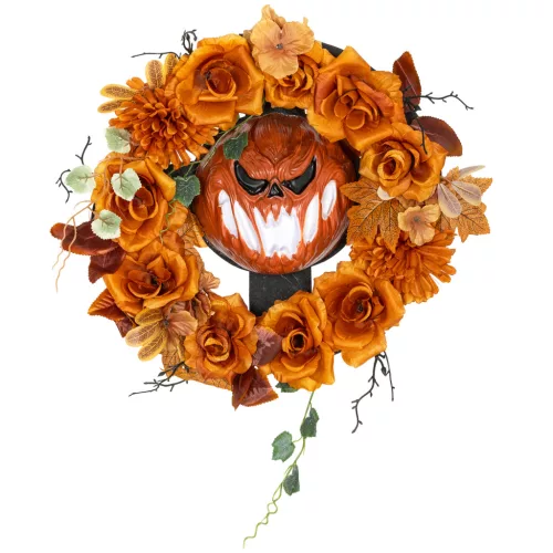 Világító halloween ajtókoszorú 44 cm-es tökfejjel, 44 LED-del és őszi levelekkel
