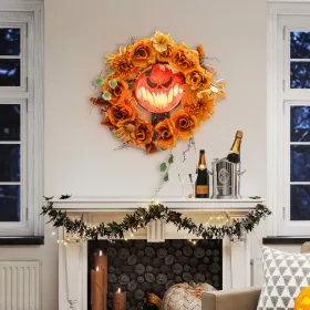   Világító halloween ajtókoszorú 44 cm-es tökfejjel, 44 LED-del és őszi levelekkel