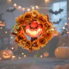 Világító halloween ajtókoszorú 44 cm-es tökfejjel, 44 LED-del és őszi levelekkel
