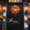 Világító halloween ajtókoszorú 44 cm-es tökfejjel, 44 LED-del és őszi levelekkel