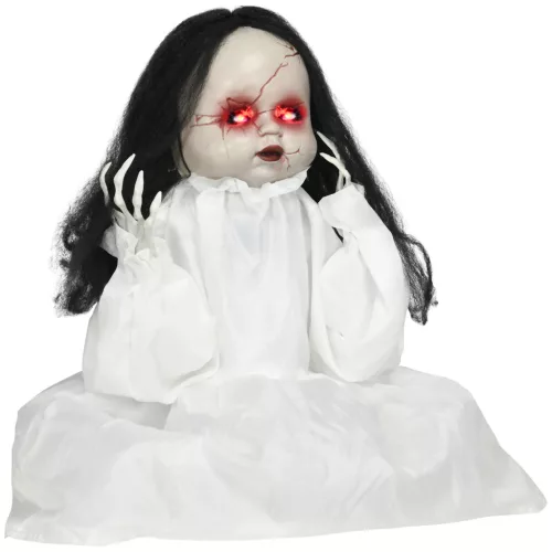 Animált felugró horror baba halloween dekoráció 60 cm magas figura vörös szemekkel és hanghatással