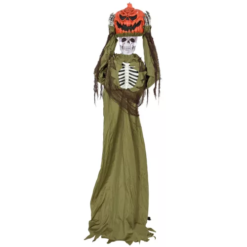  Animált tökfejű csontváz halloween dekoráció 173 cm magas mozgó figura, felugró fejjel, világítással és hanghatásokkal