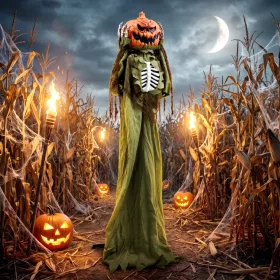    Animált tökfejű csontváz halloween dekoráció 173 cm magas mozgó figura, felugró fejjel, világítással és hanghatásokkal