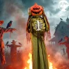  Animált tökfejű csontváz halloween dekoráció 173 cm magas mozgó figura, felugró fejjel, világítással és hanghatásokkal